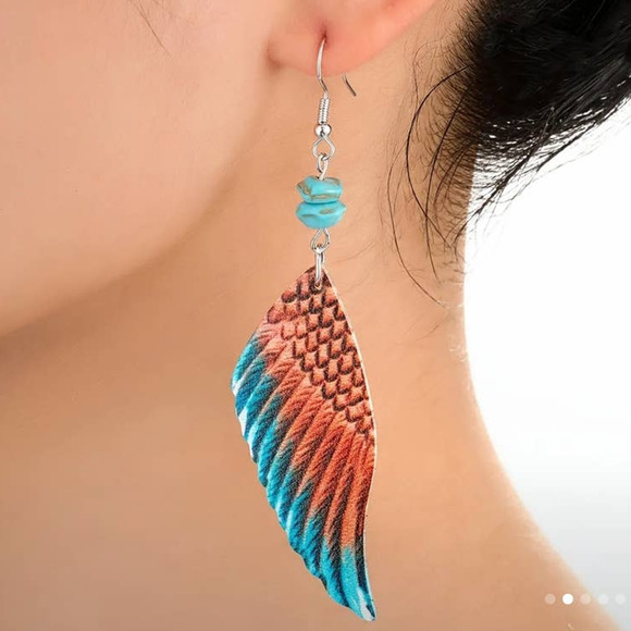 Leather‎ Wing Drop Earrings Two Tone Metal Pattern Dangle Earrings - Picture 6 of 6